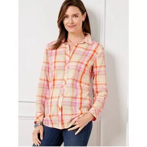 TALBOTS Cotton Button Basket Plaid Shirt Women's Size Large Petite Pink, Orange